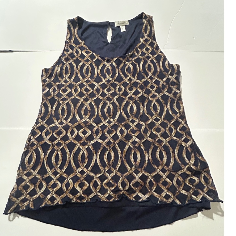 Dressbarn Womens XL Navy Blue Gold Metallic Geometric Lattice Sleeveless Blouse